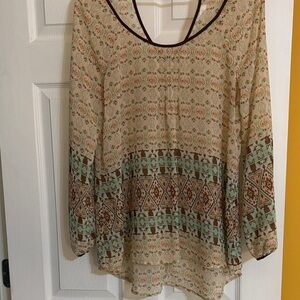 Blu Pepper Beige Tunic with Mint and Brown Geometric Border